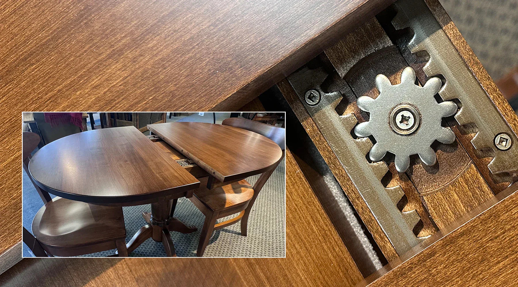 Top-down closet of a precision-engineered gear used for extending a dining table, featuring an inset photo of the wood table.