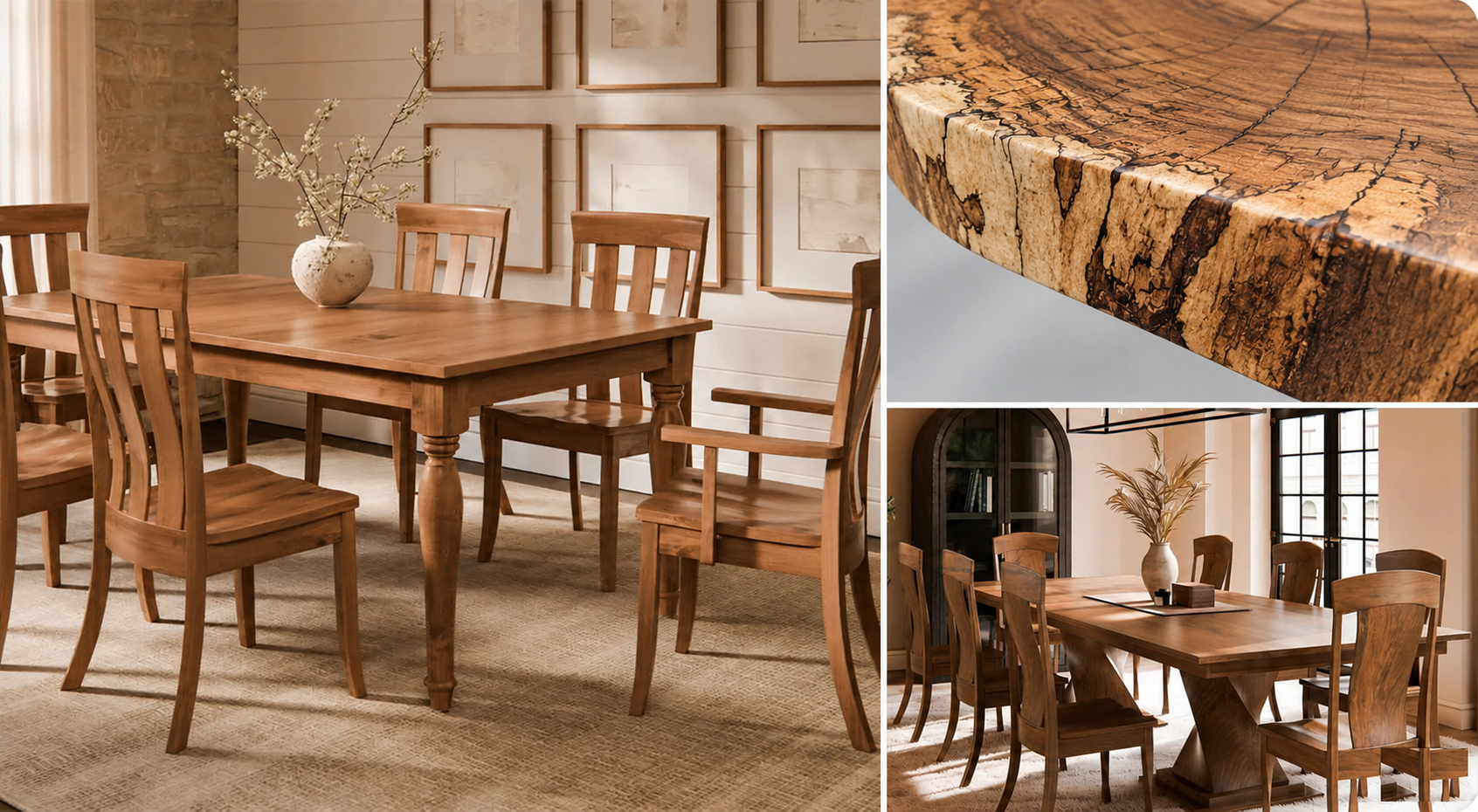Collage of handcrafted wood dining tables and a live-edge wood detail
